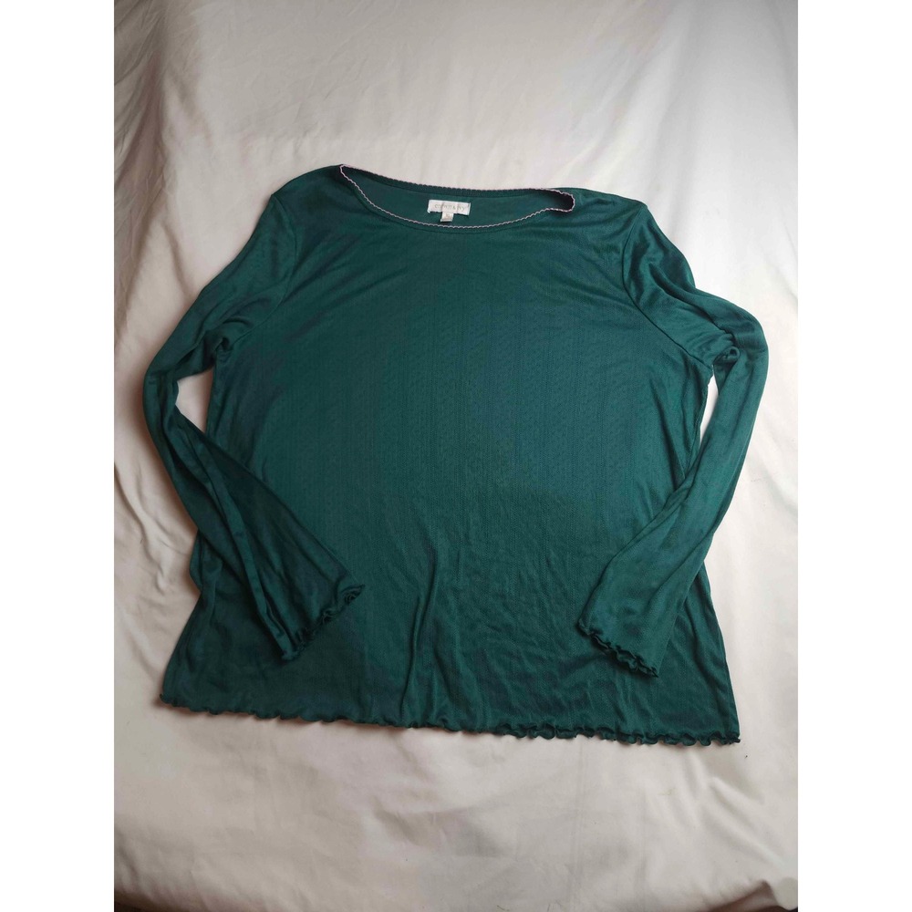 Crown & Ivy Green Pointelle Long Sleeve Top Lettuce Edge Pink Trim XL